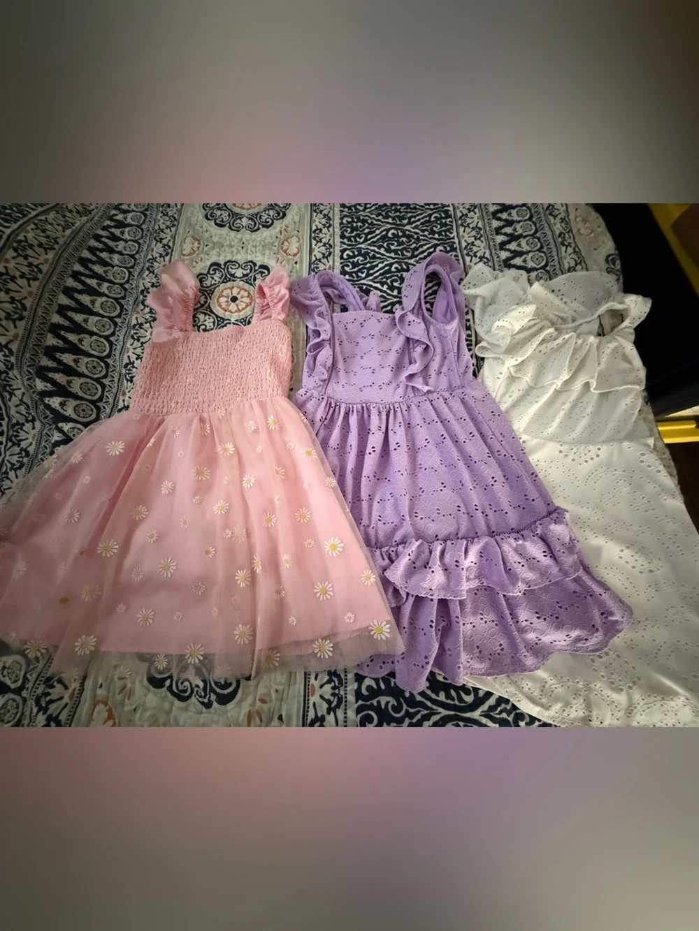 Girls Pastel Dress Bundle - Pink Daisy, Lavender Eyelet, White Eyelet.  Size 7.